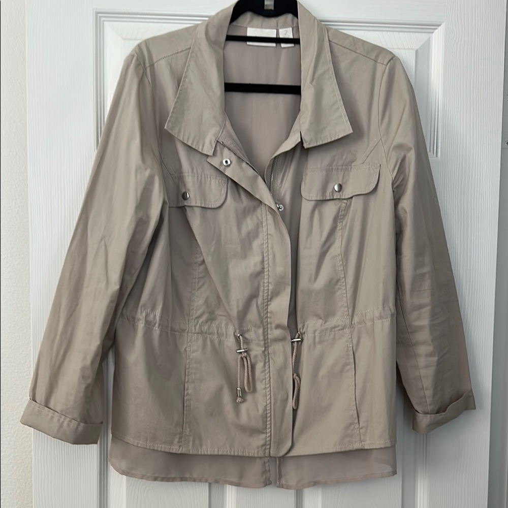 Chico's Tan Utility Jacket with Cinched Waist and Relaxed Fit
